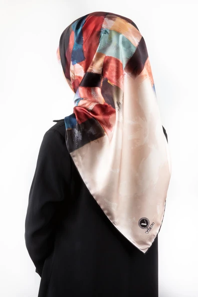 Twill Yağlı Boya Desenli Bordo Renkli 90x90 Eşarp (İpek İçermez) Kenar Dikiş Şekli El Dikişli ürün görseli 1