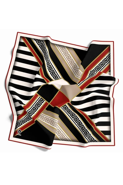 Twill Çizgili Geometrik Desenli Kırmızı Renkli 90x90 Eşarp (İpek İçermez) Kenar Dikiş Şekli El Dikişli ürün görseli 1