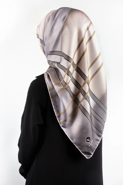Twill Geometrik Desenli Gri - Bej Renkli 90x90 Eşarp (İpek İçermez) Kenar Dikiş Şekli El Dikişli ürün görseli 1