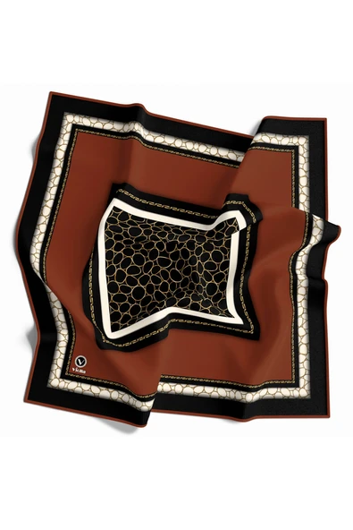 Twill Zincir Desenli Taba Renkli 90x90 Eşarp (İpek İçermez) Kenar Dikiş Şekli El Dikişli ürün görseli 1