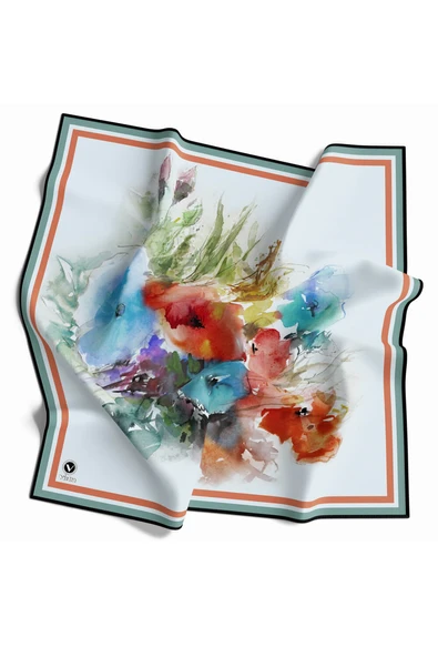 Rayon Zincir Desenli Buz Mavisi Renkli 90x90 Eşarp (İpek İçermez) Kenar Dikiş Şekli El Dikişli ürün görseli 1