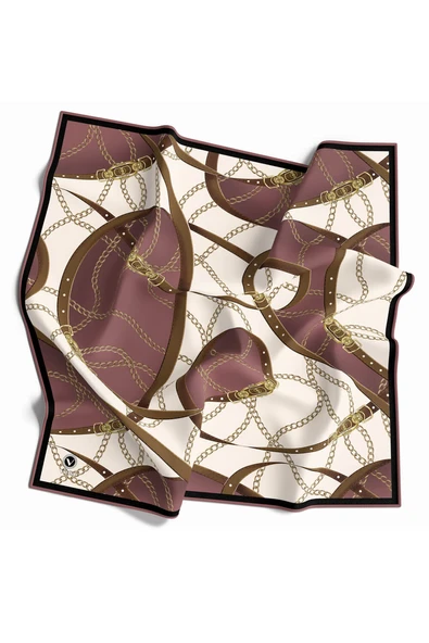 Twill Kemer ve Zincir Desenli Gül Kurusu Renkli 90x90 Eşarp (İpek İçermez) Kenar Dikiş Şekli El Dikişli ürün görseli 1