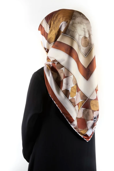 Twill Geometrik Mermer Desenli Taba Renkli 90x90 Eşarp (İpek İçermez) Kenar Dikiş Şekli El Dikişli ürün görseli 1