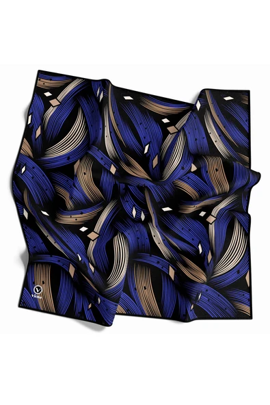 Rayon Geometrik Çizgili Desenli Saks Renkli 90x90 Eşarp (İpek İçermez) Kenar Dikiş Şekli El Dikişli ürün görseli 1