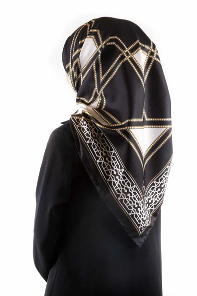 Twill Osmanlı Çini Desenli Siyah Renkli 90x90 Eşarp (İpek İçermez)Kenar Dikiş Şekli El Dikişli ürün görseli 1