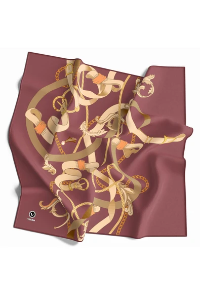 Twill Kemerli Ve Zincir Desenli Gül Kurusu Renkli 90x90 Eşarp (İpek İçermez) Kenar Dikiş Şekli El Dikişli ürün görseli 1