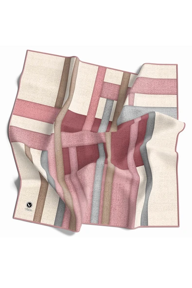 Twill Renkli Şerit Desenli Pudra Renkli 90x90 Eşarp (İpek İçermez) Kenar Dikiş Şekli El Dikişli ürün görseli 1