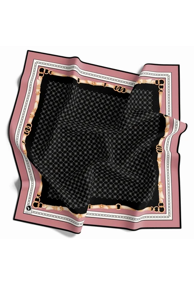 Twill Kemerli ve Çıtır Motifli Desenli Pudra Renkli 90x90 Eşarp (İpek İçermez) Dikim Şekli : El Dikişi ürün görseli 1