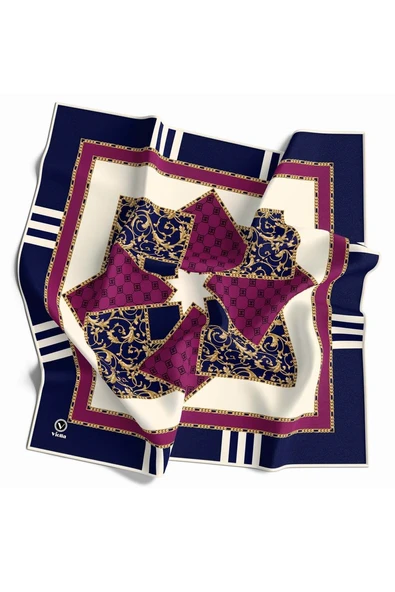 Kristal Ekoseli Gold Desenli Lacivert - Mürdüm Renkli 90x90 Eşarp (İpek İçermez) Kenar Dikiş Şekli El Dikişli ürün görseli 1