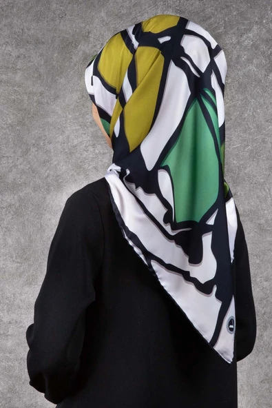 Twill Geometrik Desenli Haki - Zümrüt Yeşili Renkli 90x90 Eşarp (İpek İçermez) Dikim Şekli : El Dikişi ürün görseli 1