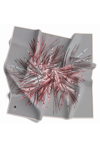 Twill Havai Fişek Desenli Gri - Pudra Renkli 90x90 Eşarp (İpek İçermez) Kenar Dikiş Şekli El Dikişli ürün görseli 1