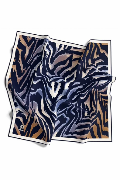 Kristal Zebra Desenli Bej - Lacivert Renkli 90x90 Eşarp (İpek İçermez) Kenar Dikiş Şekli El Dikişli ürün görseli 1