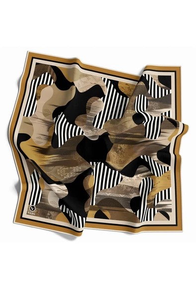 Twill Çizgili Geometrik Desenli Hardal Renkli 90x90 Eşarp (İpek İçermez) ürün görseli 1