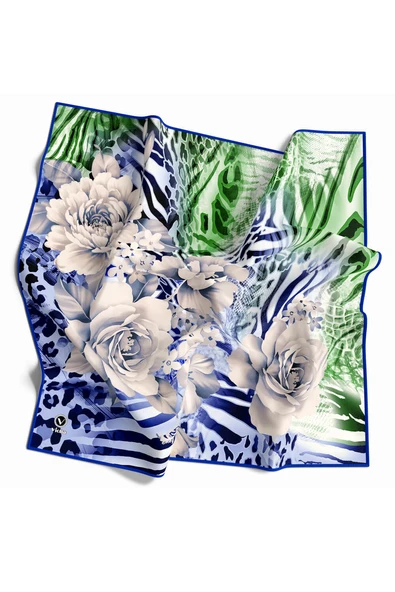 Twill Renkli Şerit Desenli Saks - Zümrüt Yeşili Renkli 90x90 Eşarp (İpek İçermez) Kenar Dikiş Şekli El Dikişli ürün görseli 1
