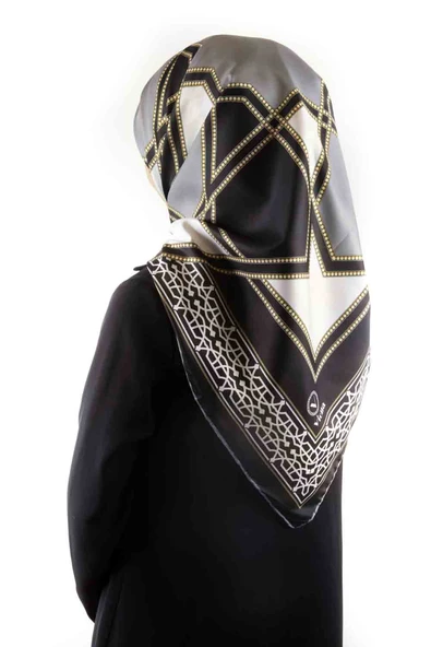 Twill Osmanlı Çini Desenli Gri Renkli 90x90 Eşarp (İpek İçermez)Kenar Dikiş Şekli El Dikişli ürün görseli 1