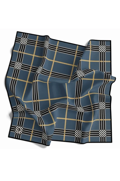 Twill Ekose Desenli İndigo Renkli 90x90 Eşarp (İpek İçermez) Kenar Dikiş Şekli El Dikişli ürün görseli 1