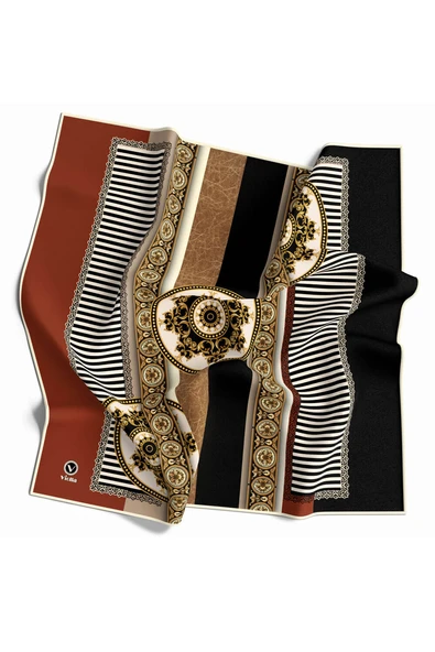 Twill Çizgili ve Barok Desenli Taba Renkli 90x90 Eşarp (İpek İçermez) Kenar Dikiş Şekli El Dikişli ürün görseli 1