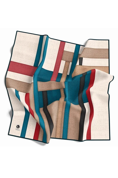 Twill Renkli Şerit Desenli Petrol Mavisi Renkli 90x90 Eşarp (İpek İçermez) Kenar Dikiş Şekli El Dikişli ürün görseli 1