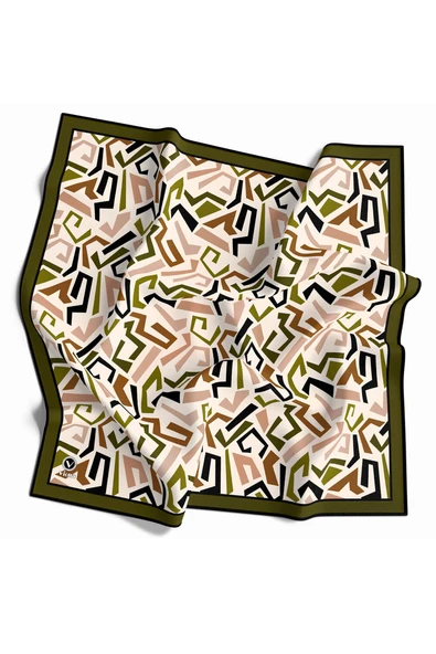 Twill Geometrik Desenli Haki Yeşili Renkli 90x90 Eşarp (İpek İçermez) Kenar Dikiş Şekli El Dikişli ürün görseli 1