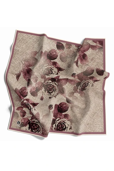 Twill Gül Desenli Pudra Renkli 90x90 Eşarp (İpek İçermez) Kenar Dikiş Şekli El Dikişli ürün görseli 1