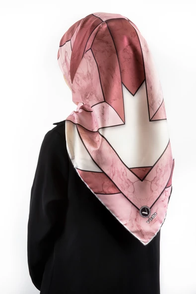 Twill Mermer Desenli Pudra - Gül Kurusu Renkli 90x90 Eşarp (İpek İçermez) Kenar Dikiş Şekli El Dikişli ürün görseli 1