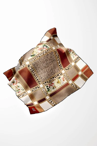 Twill Leopar ve Çiçek Desenli Taba - Bej Renkli 90x90 Eşarp (İpek İçermez) Dikim Şekli : El Dikişi ürün görseli 1