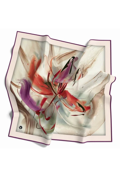 Twill Çiçek Tablo Desenli Mürdüm Renkli 90x90 Eşarp (İpek İçermez) Kenar Dikiş Şekli El Dikişli ürün görseli 1