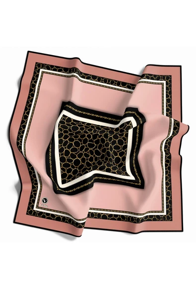 Twill Zincir Desenli Somon - Siyah Renkli 90x90 Eşarp (İpek İçermez) Kenar Dikiş Şekli El Dikişli ürün görseli 1