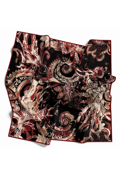 Twill Şal Desenli Bordo Renkli 90x90 Eşarp (İpek İçermez) Kenar Dikiş Şekli El Dikişli ürün görseli 1