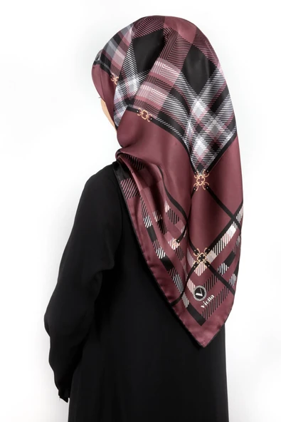 Twill Kemerli ve Ekose Desenli Gül Kurusu Renkli 90x90 Eşarp (İpek İçermez)Kenar Dikiş Şekli El Dikişli ürün görseli 1