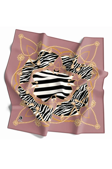 Twill Gold Detaylı Zebra Desenli Gül Kurusu Renkli 90x90 Eşarp (İpek İçermez) Kenar Dikiş Şekli El Dikişli ürün görseli 1