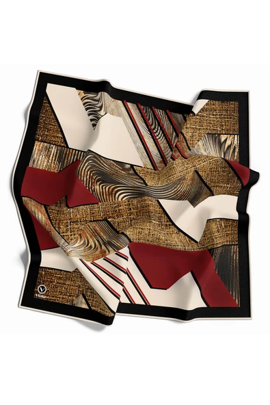 Twill Dalgalı Geometrik Desenli Bordo Renkli 90x90 Eşarp (İpek İçermez) Kenar Dikiş Şekli El Dikişli ürün görseli 1