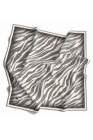 Kristal Zebra Desenli Krem - Gri Renkli 90x90 Eşarp (İpek İçermez) Dikim Şekli : El Dikişi ürün görseli 1