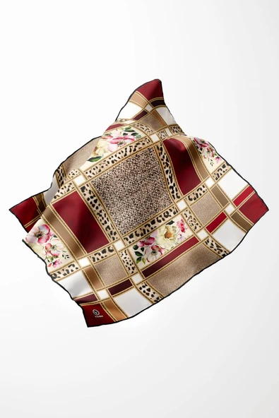 Twill Leopar ve Çiçek Desenli Bordo - Bej Renkli 90x90 Eşarp (İpek İçermez) Dikim Şekli : El Dikişi ürün görseli 1