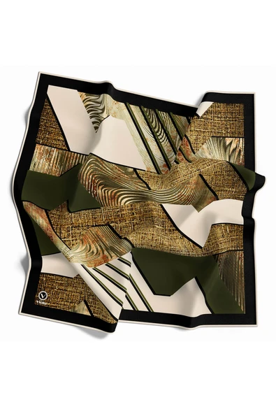 Twill Dalgalı Geometrik Desenli Haki Renkli 90x90 Eşarp (İpek İçermez) Kenar Dikiş Şekli El Dikişli ürün görseli 1