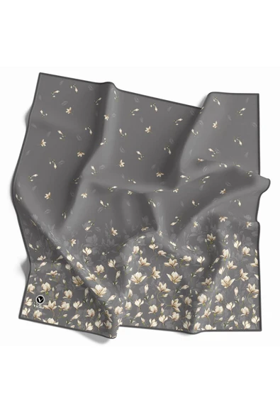 Twill Çıtır Çiçek Desenli Gri Renkli 90x90 Eşarp (İpek İçermez) Kenar Dikiş Şekli El Dikişli ürün görseli 1