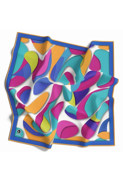 Twill Soyut Geometrik Desenli Buz Mavisi - Sarı Renkli 90x90 Eşarp (İpek İçermez) Dikim Şekli : El Dikişi ürün görseli 1
