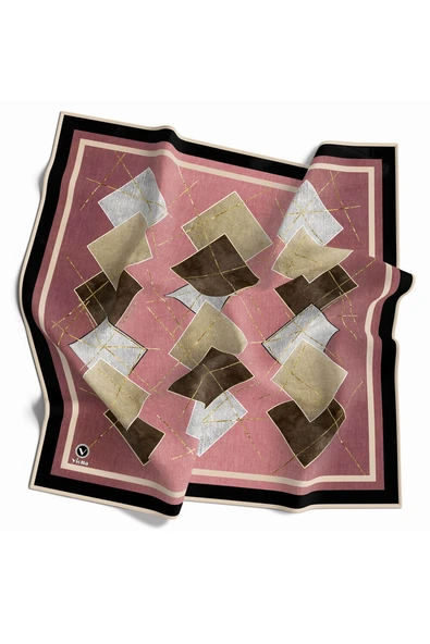 Twill Geometrik Desenli Pudra Renkli 90x90 Eşarp (İpek İçermez) Kenar Dikiş Şekli El Dikişli ürün görseli 1