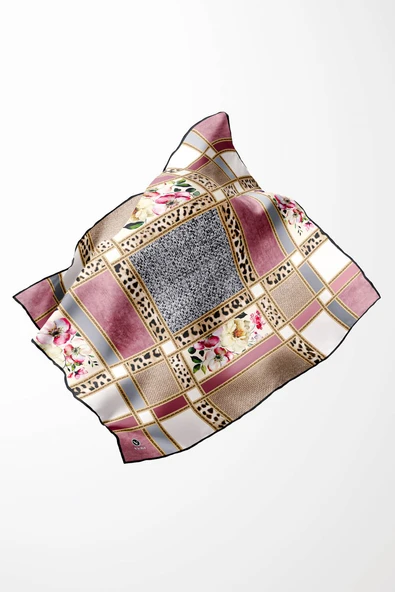 Twill Leopar ve Çiçek Desenli Pudra - Gri Renkli 90x90 Eşarp (İpek İçermez) Dikim Şekli : El Dikişi ürün görseli 1