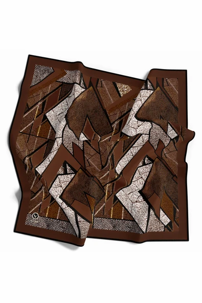 Kristal Geometrik Desenli Taba Renkli 90x90 Eşarp (İpek İçermez) Kenar Dikiş Şekli El Dikişli ürün görseli 1
