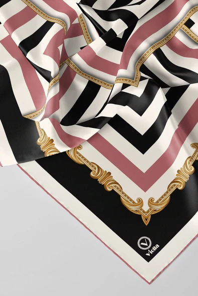 Twill Geometrik Desenli Pudra Renkli 90x90 Eşarp (İpek İçermez) Kenar Dikiş Şekli El Dikişli ürün görseli 1