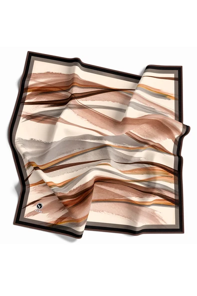 Twill Fırça Desenli Sütlükahve - Gri Renkli 90x90 Eşarp (İpek İçermez) Kenar Dikiş Şekli El Dikişli ürün görseli 1