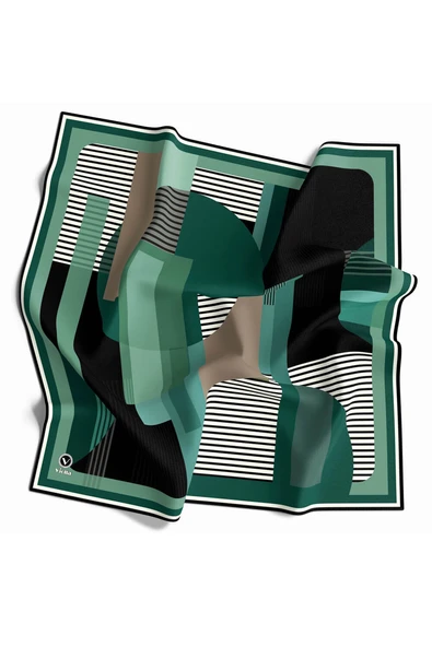 Twill Çizgili Ve Geometrik Desenli  Petrol Yeşili Renkli 90x90 Eşarp (İpek İçermez) Kenar Dikiş Şekli El Dikişli ürün görseli 1