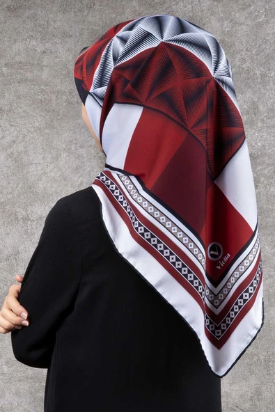 Twill Geometrik Desenli Bordo - Krem Renkli 90x90 Eşarp (İpek İçermez) Kenar Dikiş Şekli El Dikişli ürün görseli 1