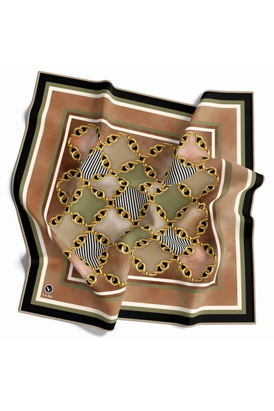 Twill Zincirli Geometrik Desenli Bakır Renkli 90x90 Eşarp (İpek İçermez) Dikim Şekli : El Dikişi ürün görseli 1
