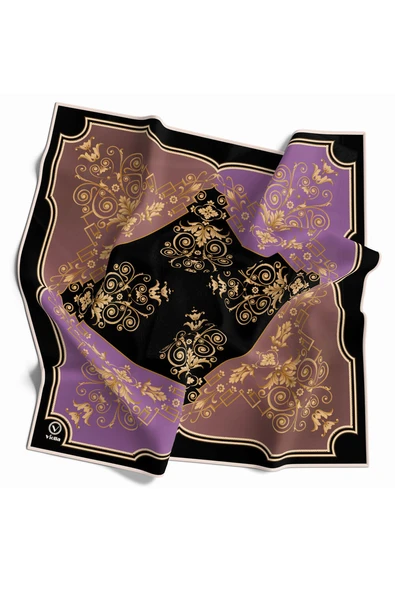 Twill Gold Desenli Lila Renkli 90x90 Eşarp (İpek İçermez) Kenar Dikiş Şekli El Dikişli ürün görseli 1