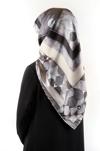 Twill Geometrik Mermer Desenli Gri Renkli 90x90 Eşarp (İpek İçermez) Kenar Dikiş Şekli El Dikişli ürün görseli 1