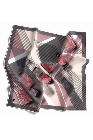 Twill Çizgili ve Geometrik Desenli Pudra Renkli 90x90 Eşarp (İpek İçermez) Kenar Dikiş Şekli El Dikişli ürün görseli 1