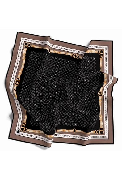 Twill Kemerli ve Çıtır Motifli Desenli Vizon Renkli 90x90 Eşarp (İpek İçermez) Dikim Şekli : El Dikişi ürün görseli 1