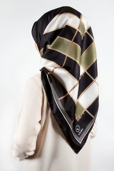 Twill Gold Detaylı Kareli Desenli Haki Renkli 90x90 Eşarp (İpek İçermez) Kenar Dikiş Şekli El Dikişli ürün görseli 1